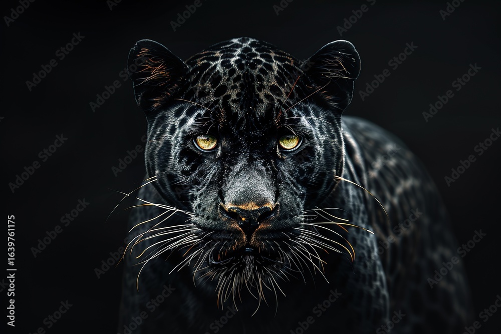 Obraz premium Front view of Panther on black background. Wild animals banner with copy space. Predator series. digital art