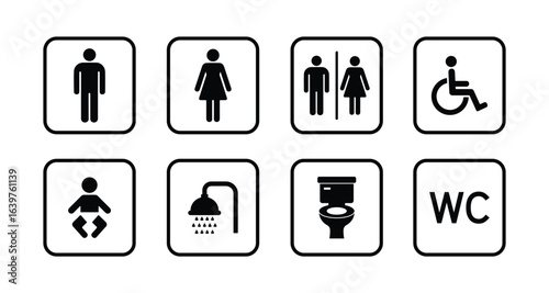 Washroom icon set. Washroom and Restroom sign icon set for male, female, baby changing, accessible, disabled, printable sticker. vector illustration.