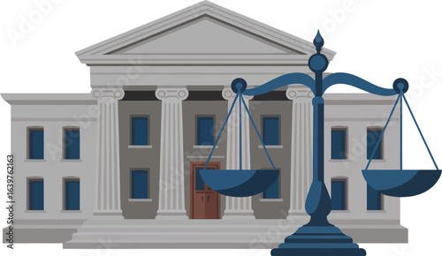 Scales of Justice in Front of Courthouse Vector Illustration Symbolizing Legal System