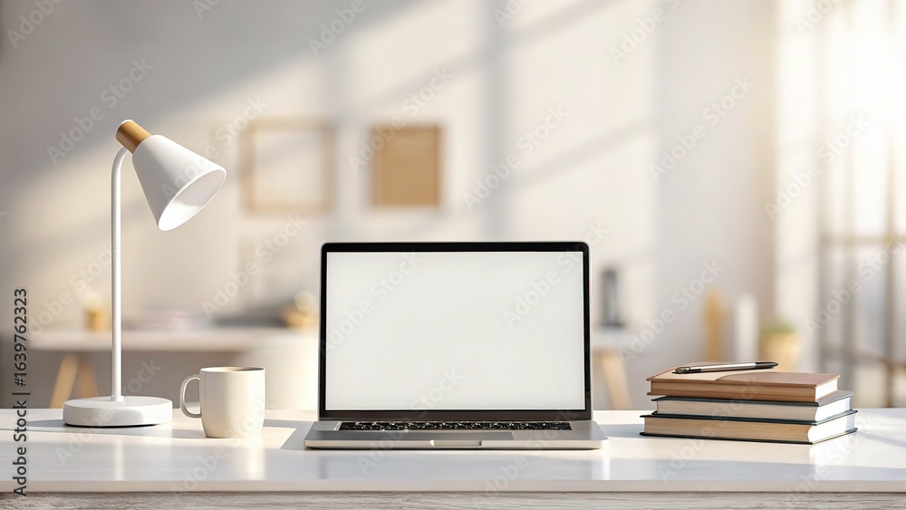 Fototapeta premium Modern workspace setup featuring laptop, lamp, and books bathed in warm sunlight for productive work