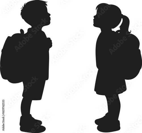 Silhouette of schoolboy and schoolgirl with backpacks, standing face to face, isolated vector illustration, back to school design