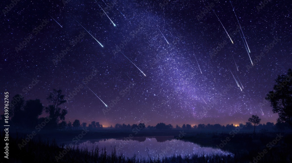 Naklejka premium The captivating night sky showcases a mesmerizing display of celestial wonders, with numerous shooting stars gracefully streaking across the dark expanse, creating a breathtaking spectacle.