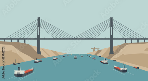 Dynamic maritime transport under suspended bridge river channel digital illustration calm waters aerial perspective. Vector illustration