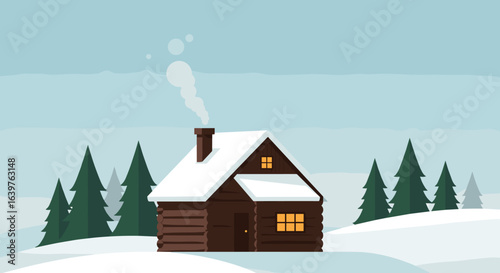 Cozy winter cabin snowy forest digital illustration tranquil landscape warmth and solitude. Vector illustration