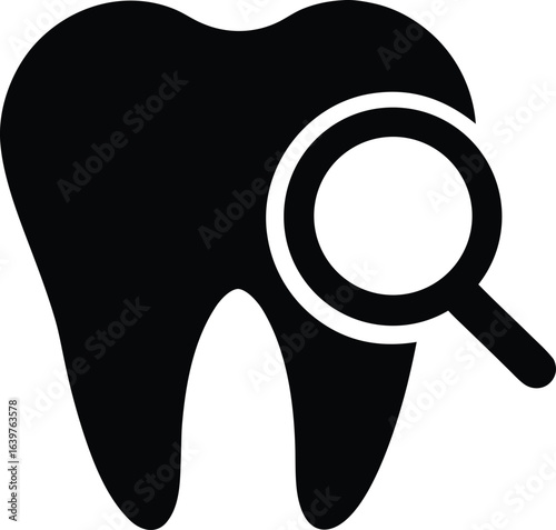 Dental plaque detection icon with magnifying glass on tooth for cavity research oral hygiene problem and stomatology diagnosis vector icon