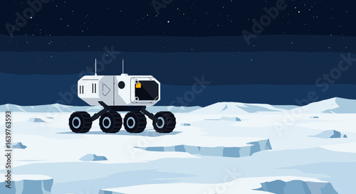 Exploring lunar landscapes with a mobile rover vehicle moon surface digital art night sky futuristic concept. Vector illustration