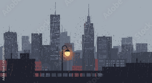 Rainy evening cityscape view urban skyline digital artwork gloomy atmosphere perspective of serenity. Vector illustration