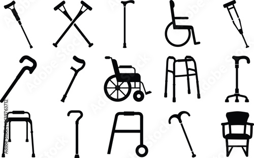 crutches and wheel chair silhouette icons set. Disability Equipment Tools icon