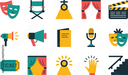 Colorful Theater Icon Set Vector Illustration Stage Performance Acting Drama Design