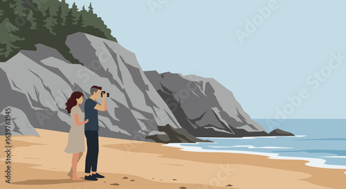 Capturing moments couples beach photography scenic coastline digital art tranquil ambiance wide angle love and adventure. Vector illustration