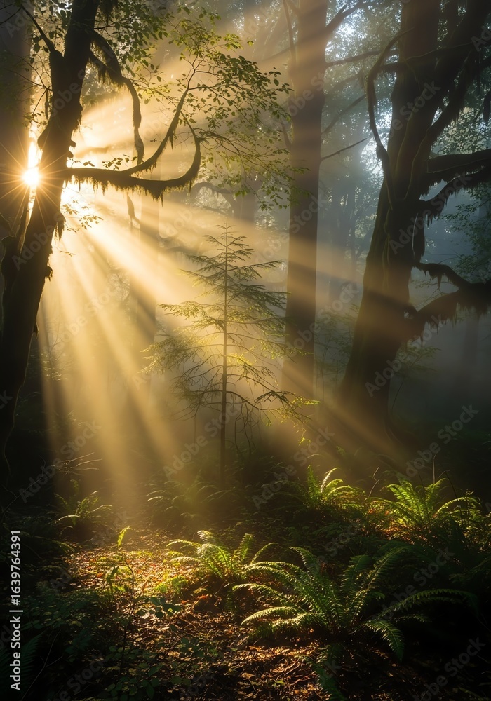 Obraz premium Sunlight streams through forest trees creating a mystical atmosphere