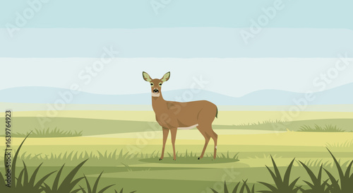 Deer grazing in serene landscape nature illustration tranquil environment peaceful viewpoint. Vector illustration