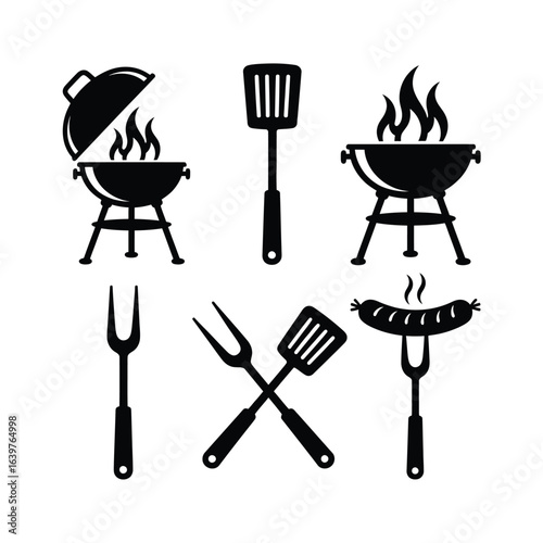Barbecue grill and utensils silhouette icon set