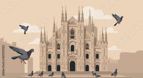 Pigeons feeding in front of milan cathedral digital illustration urban setting aerial view architectural concept. Vector illustration