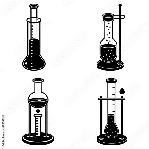 Black and white illustration of four different laboratory setups with flasks and liquid inside them