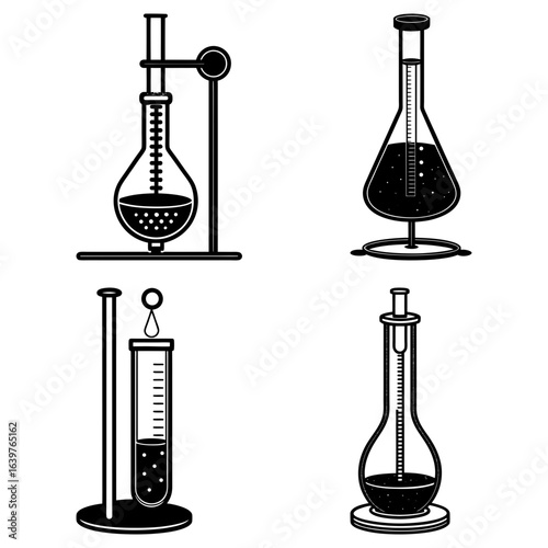 Illustration of four different scientific flasks and test tubes with liquid on stands in black and white