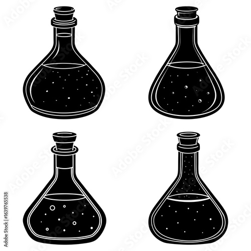 Four black and white potion bottles with stoppers filled with liquid and small bubbles in a grid layout