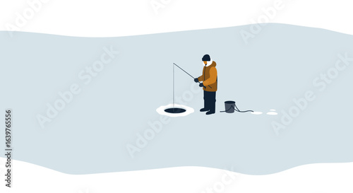 Winter ice fishing adventure frozen lake outdoor activity snowy environment aerial view leisure concept. Vector illustration