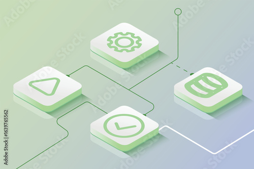 Isometric Workflow Icons, Green Gradient Vector Diagram, Data Integration and UI/UX