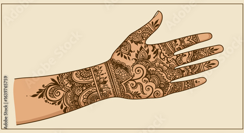 Intricate henna art application on hand cultural setting illustration decorative design close-up traditions. Vector illustration