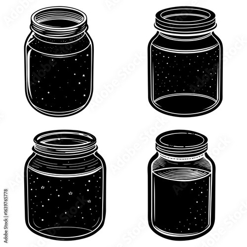 Four mason jars with different contents including stars and liquid in a black and white illustration