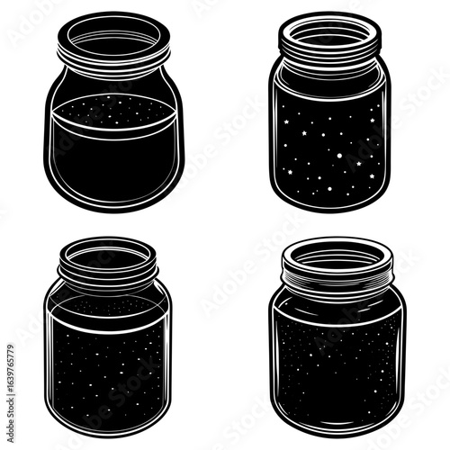 Illustration of four mason jars filled with different liquids in black and white outline style art work