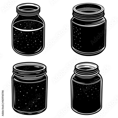 Four black and white mason jars with varying contents and styles in a simple vector graphic design style