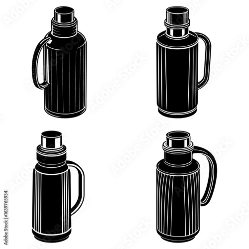 Four black and white illustrations of thermos flasks with handles and cylindrical bodies design art