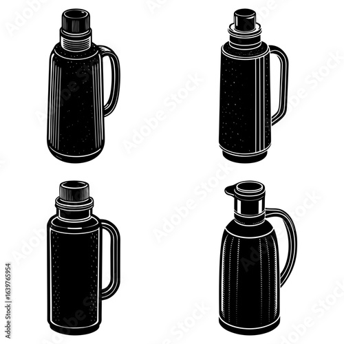Four black and white illustrations of vintage thermos bottles with handles in a grid arrangement