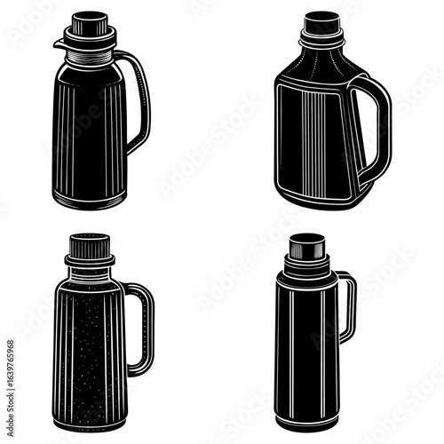 Illustration of four different black and white thermos bottles with handles and unique designs shown
