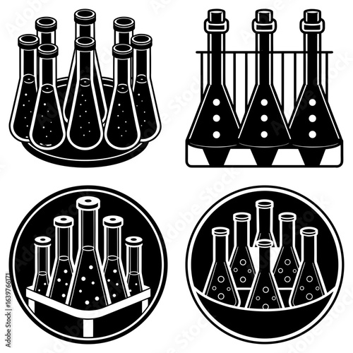 Illustration showing various arrangements of conical flasks in different holders and containers