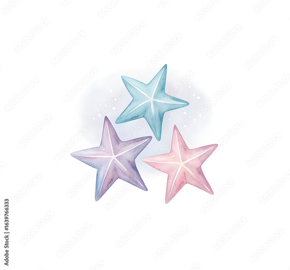 Obraz premium Minimalist Ethereal Composition of Three Pastel Watercolor Starbursts on Clean White Background