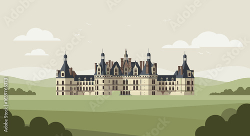 Exploring historical architecture a grand castle in a serene landscape digital art aerial view timeless beauty. Vector illustration