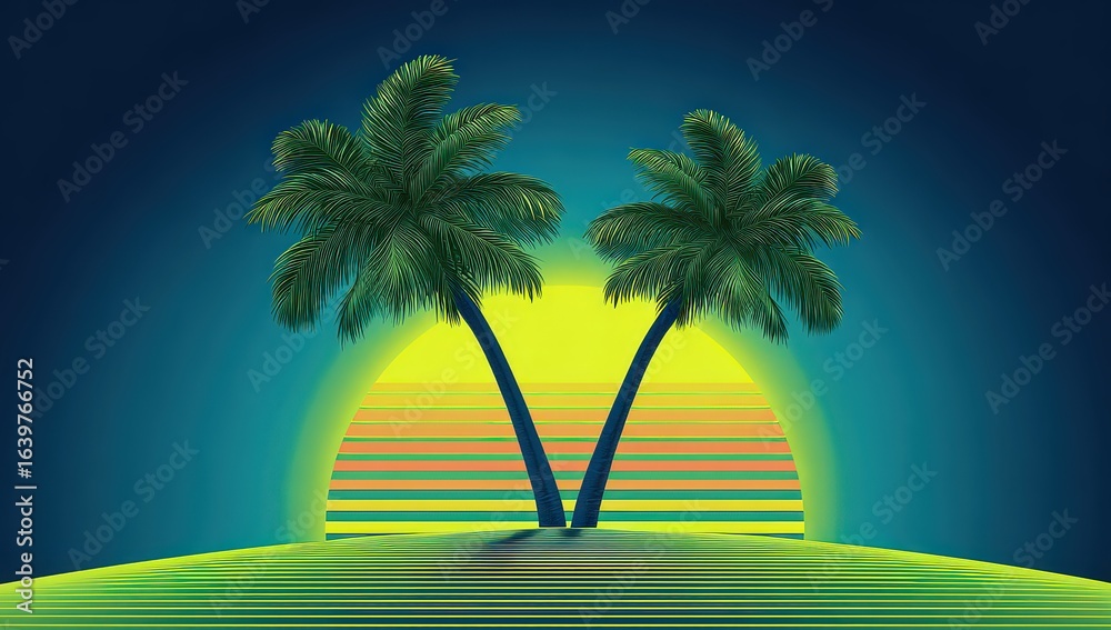 Naklejka premium Retro Pixel Art Palm Trees Sunset Scene