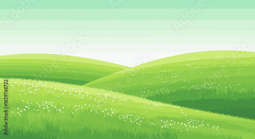 Exploring lush green hills nature landscape serenity outdoor panoramic view tranquility. Vector illustration