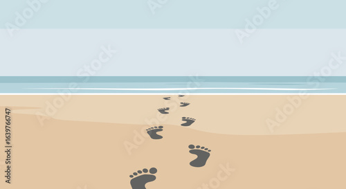 Walking on the beach footprints in the sand coastal serenity digital illustration tranquil environment aerial view travel concept. Vector illustration