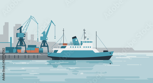 Cargo ship operations at modern port industrial scene digital illustration calm waters aerial view transportation concept. Vector illustration