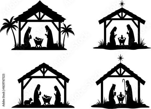 Set of four silhouetted nativity scenes for Christmas showing Joseph and Mary, Wise men and angels at the crib of the Christ child, black and white vector illustration