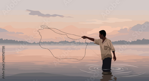 Fishing at dusk a serene scene of man and water nature landscape tranquil environment reflective viewpoint. Vector illustration