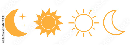 A set of six simple, black and white icons representing the day and night.