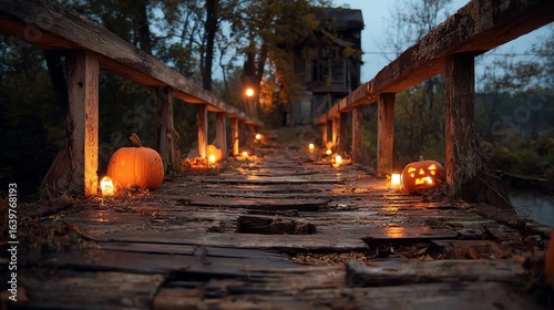 Wooden bridge decorated for Halloween evening.