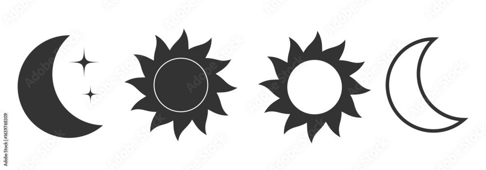 Fototapeta premium A set of six simple, black and white icons representing the day and night.