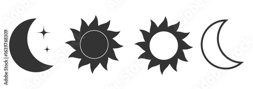A set of six simple, black and white icons representing the day and night.