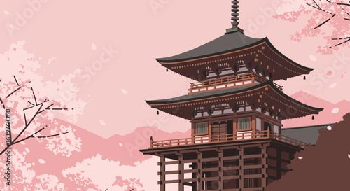 Traditional japanese pagoda kyoto digital art serene environment artistic viewpoint cultural significance. Vector illustration