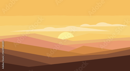 Tranquil sunset scene over rolling hills nature landscape peaceful environment wide viewpoint relaxation concept. Vector illustration