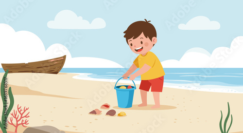 Child collecting seashells on a sunny beach coastal scene illustration playful environment joyful viewpoint. Vector illustration