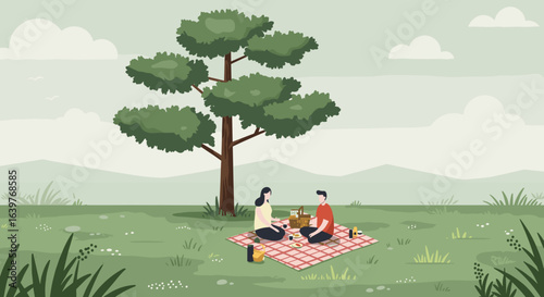 Picnic relaxation outdoor park illustration calm environment elevated viewpoint nature escape. Vector illustration
