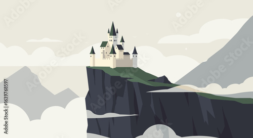 Majestic castle on a cliff fantasy landscape digital artwork serene environment elevated view enchantment. Vector illustration