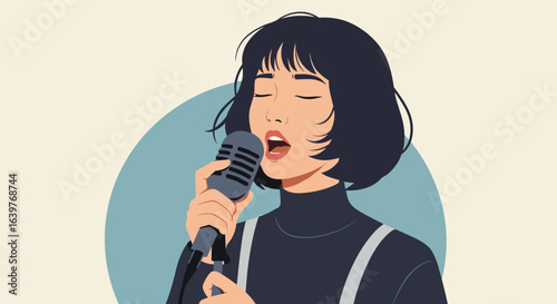 Singing performance by female artist digital illustration studio environment close-up view music concept. Vector illustration