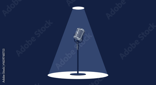 Live performance spotlight microphone on stage music event dramatic lighting close-up view artistic expression. Vector illustration
